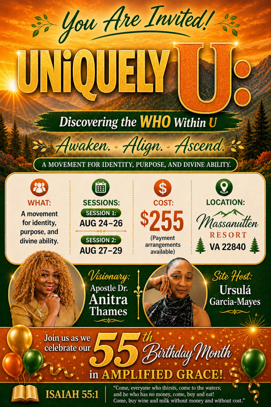 Uniquely U Retreat — Discovering the WHO Within U. Awaken. Align. Ascend. Sessions Aug 24–26 and Aug 27–29 at Massanutten Resort, VA. $255.